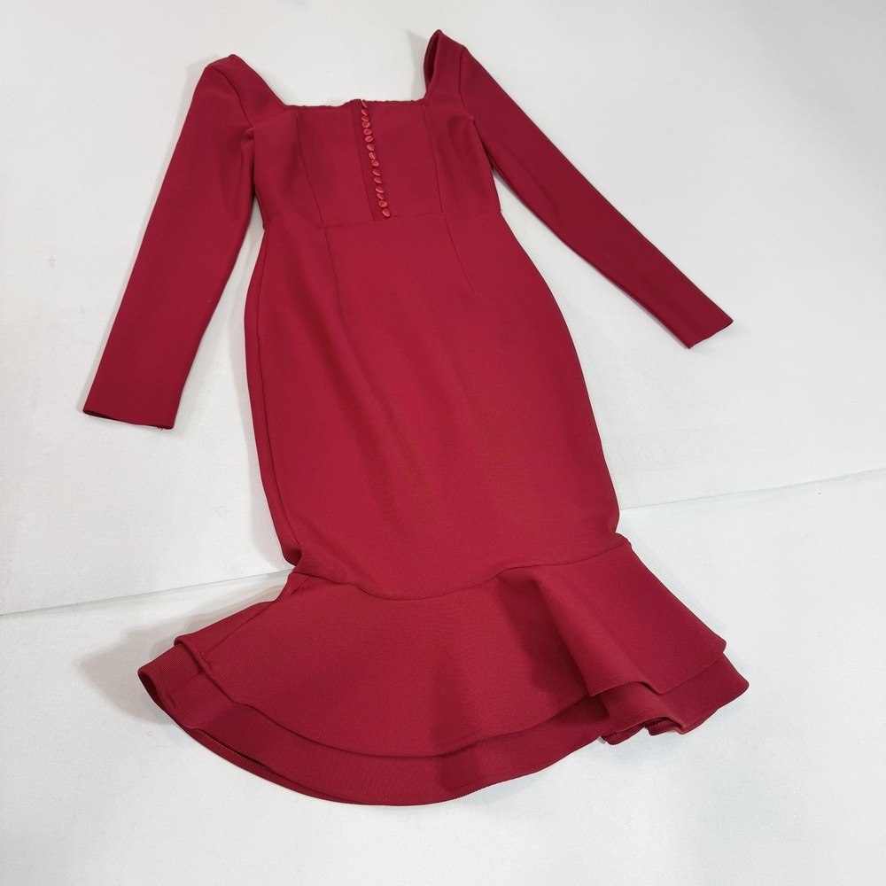 Square Neck Bodycon Mermaid Dress‎ Womens Small Red Long Sleeve Ruffle Hem Midi
